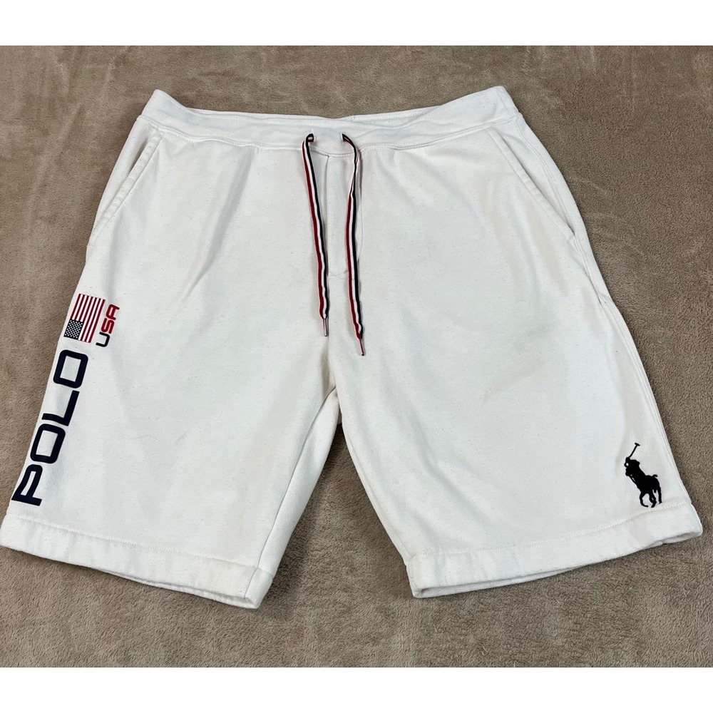 Polo Ralph Lauren Sweat Shorts Men Size Medium White Big Pony USA Drawstrings